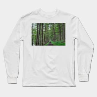 Walking along the path through the woods near Derwent Reservoir, Derbyshire, UK Long Sleeve T-Shirt